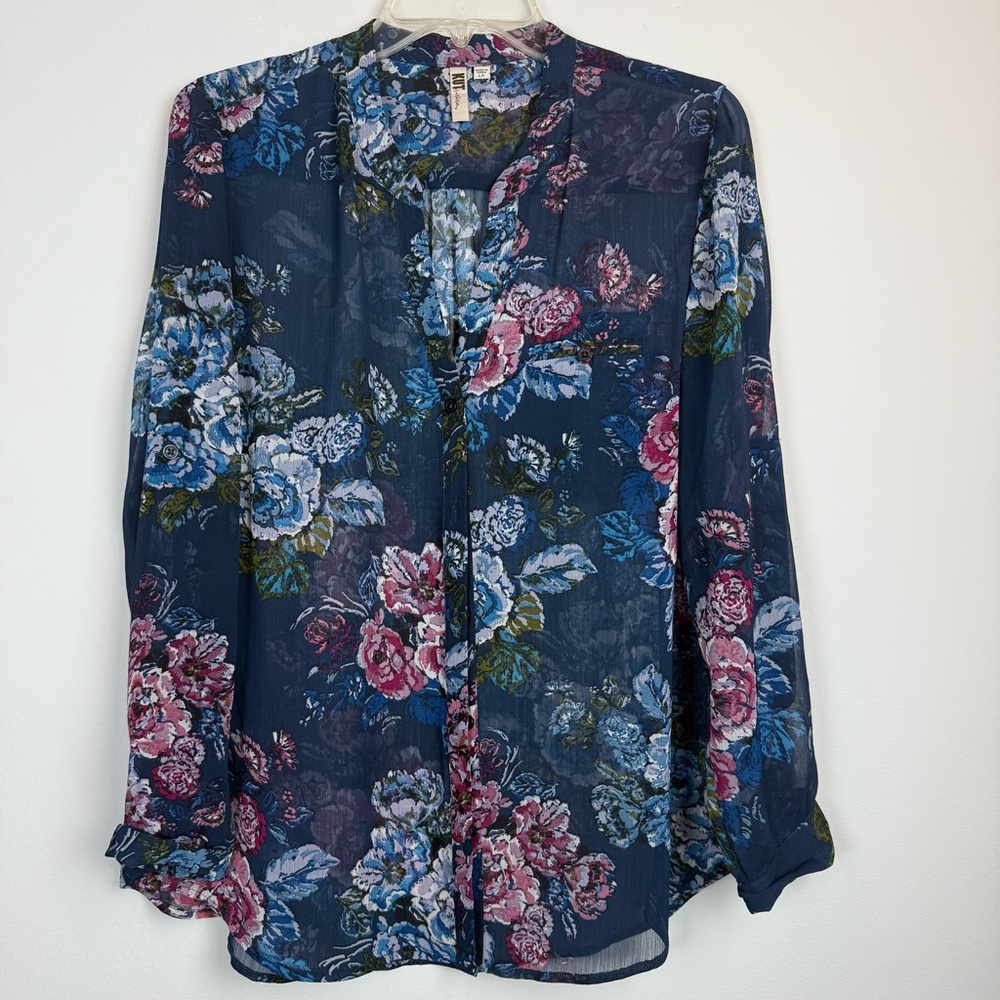 Kut From The Cloth Floral Sheer Button Down Top Blue and Pink Sz Lg Petite